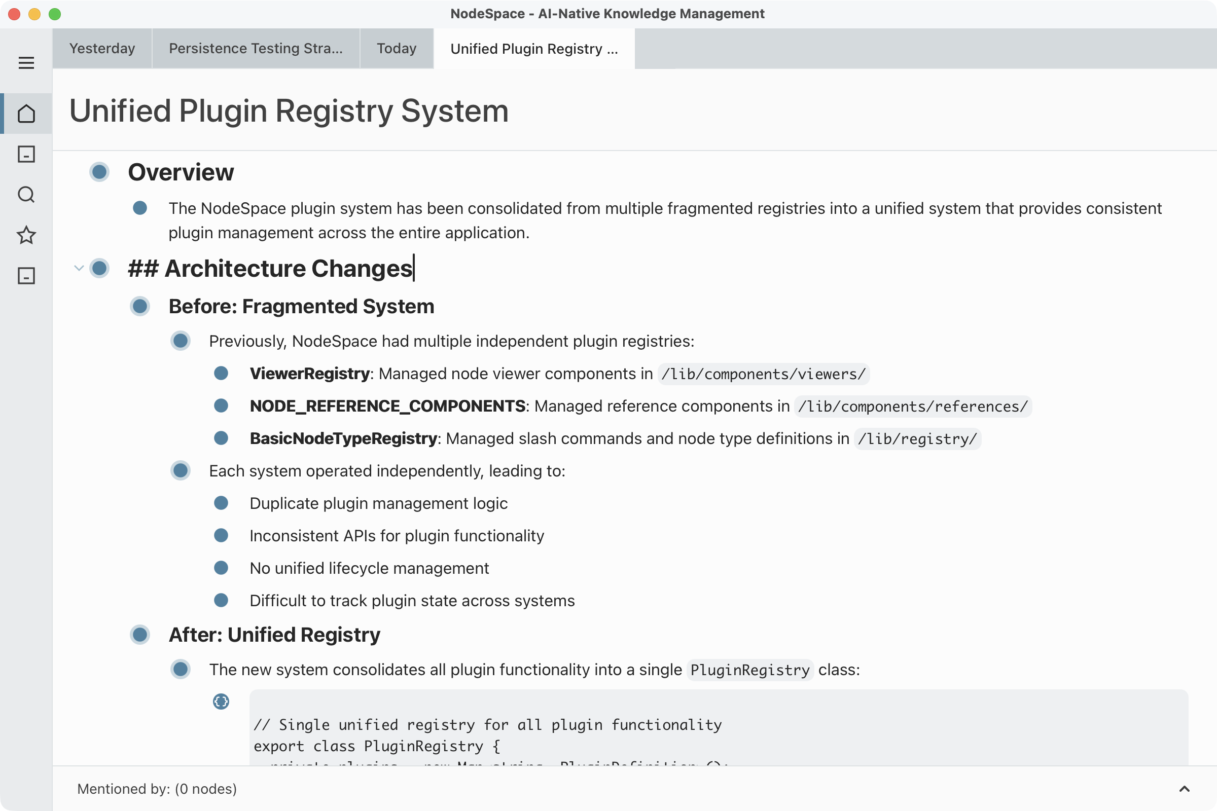 NodeSpace desktop app showing structured documentation with semantic search